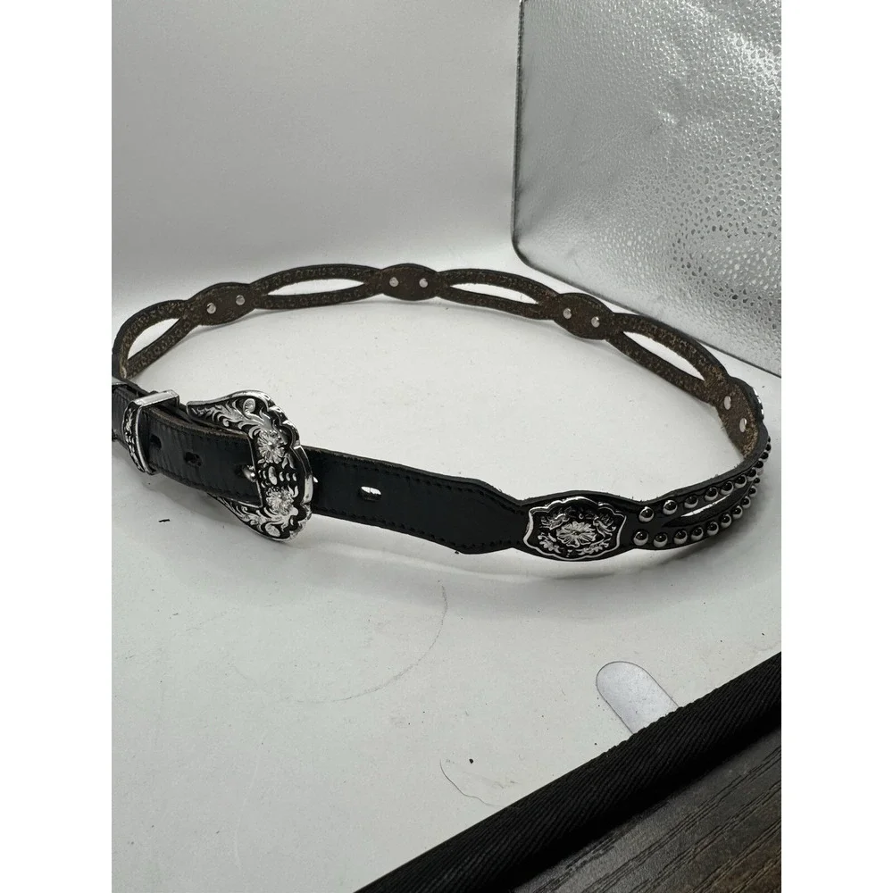 Vintage 80's Avignon Belt Sz M Brown Leather Silver Tone Buckle Fast Shipping